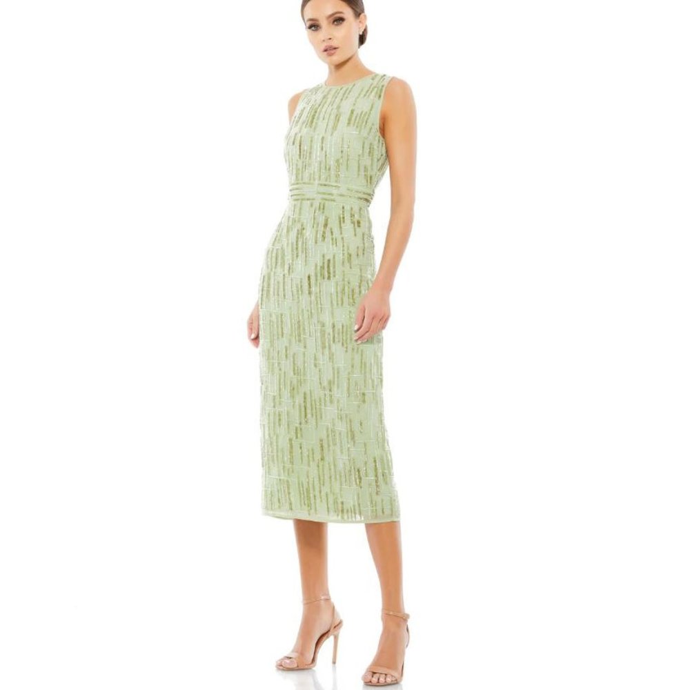 MAC DUGGAL Abstract Beaded Sleeveless Midi Sheath Dress Sage 8